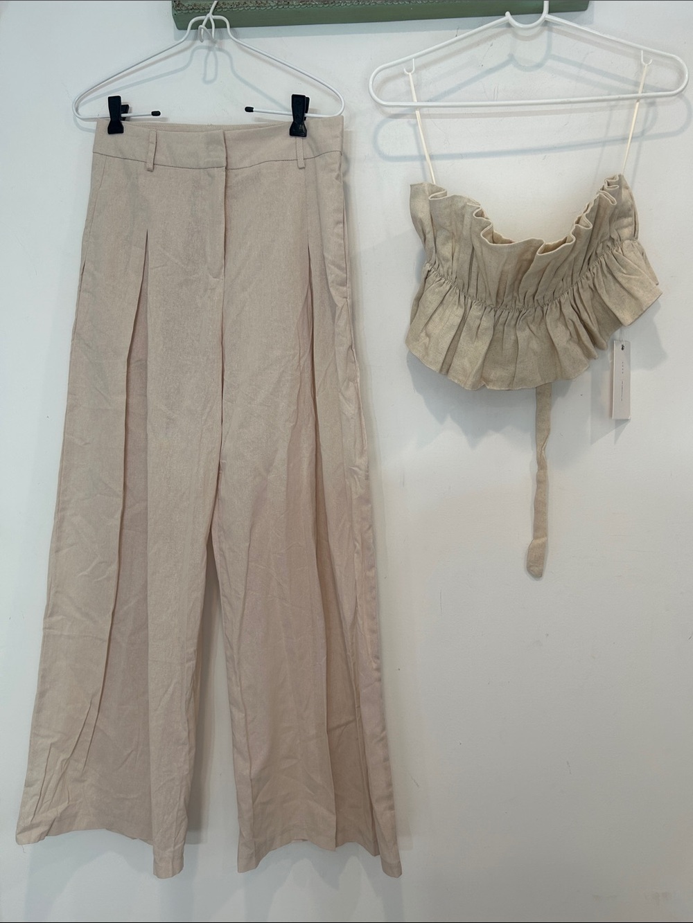 Lush Beige oatmeal Wide-Leg Trousers with Pleats & gathered strapless top new